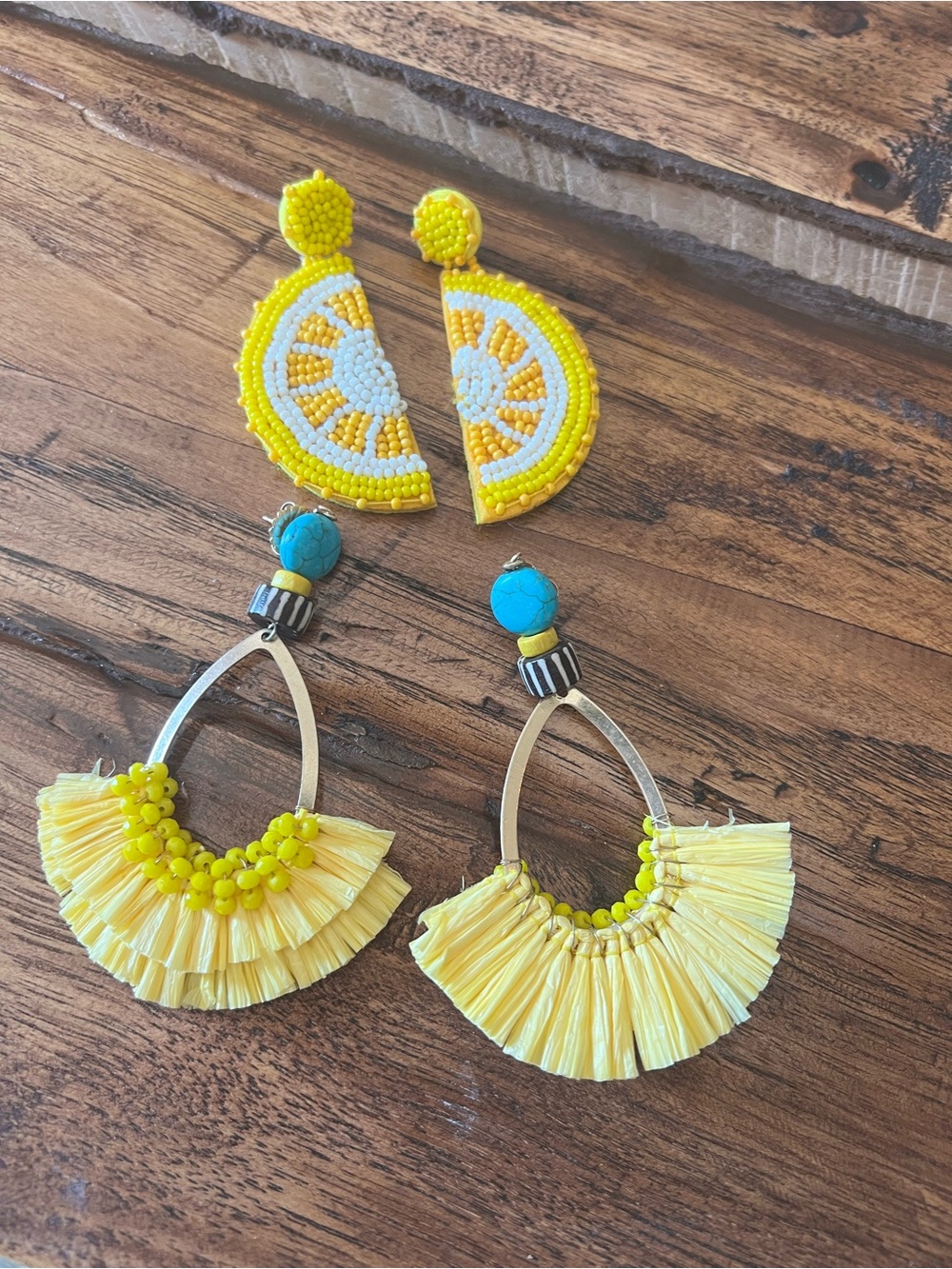 Yellow Beaded Citrus Slice & Raffia Fringe Earring Set